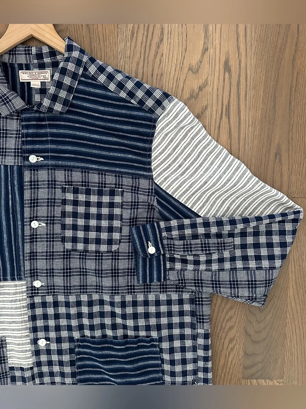 Wallace & Barnes Plaid Striped Patchwork Cotton Chore Coat Indigo Blue, White XL